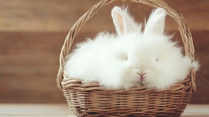 A serene scene of a fluffy angora rabbit lounging in a basket, highlighting its delicate, lightweight fur, soft as a cloud, surrounded by natural textures