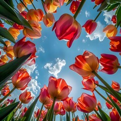 A vibrant close-up of tulips seen from below, set against a bright blue sky with scattered clouds.