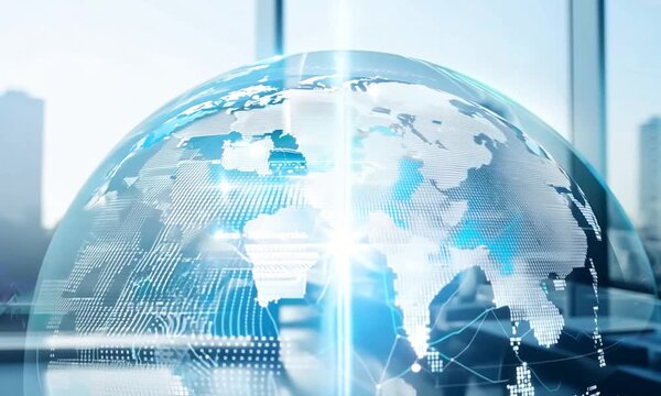 Global Network: A futuristic and abstract image of a glowing, translucent globe in a modern office setting, representing global connectivity, communication, and business opportunities.  