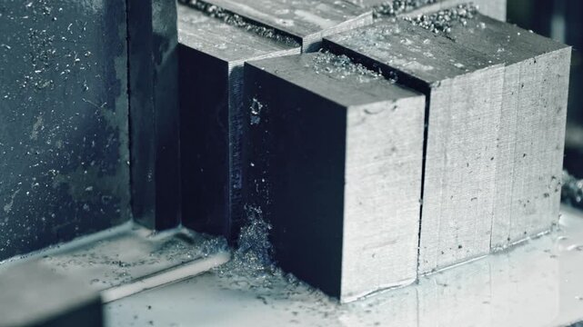 Watch precision metal cutting in action with an industrial bandsaw slicing through metal blocks. Experience the art of metalworking and manufacturing up close