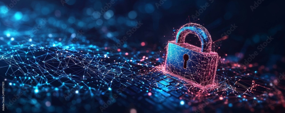 Poster digital padlock on a laptop keyboard representing cybersecurity and data protection