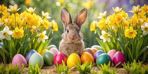 Vibrant Easter scene featuring a joyful bunny surrounded by colorful eggs, nestled among blooming narcissus flowers, creating a festive and cheerful holiday composition.