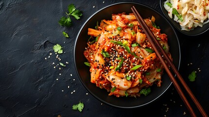 A vibrant bowl of kimchi with chopsticks, accompanied by other fermented foods like sauerkraut, showcasing their rich colors and health benefits