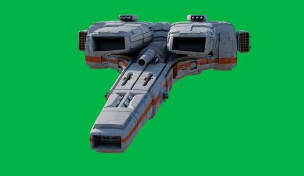 Spaceship Missile Launch Craft with White and Orange Colour Scheme Isolated on a Green Screen Background - Front View, 3d digitally rendered science fiction illustration