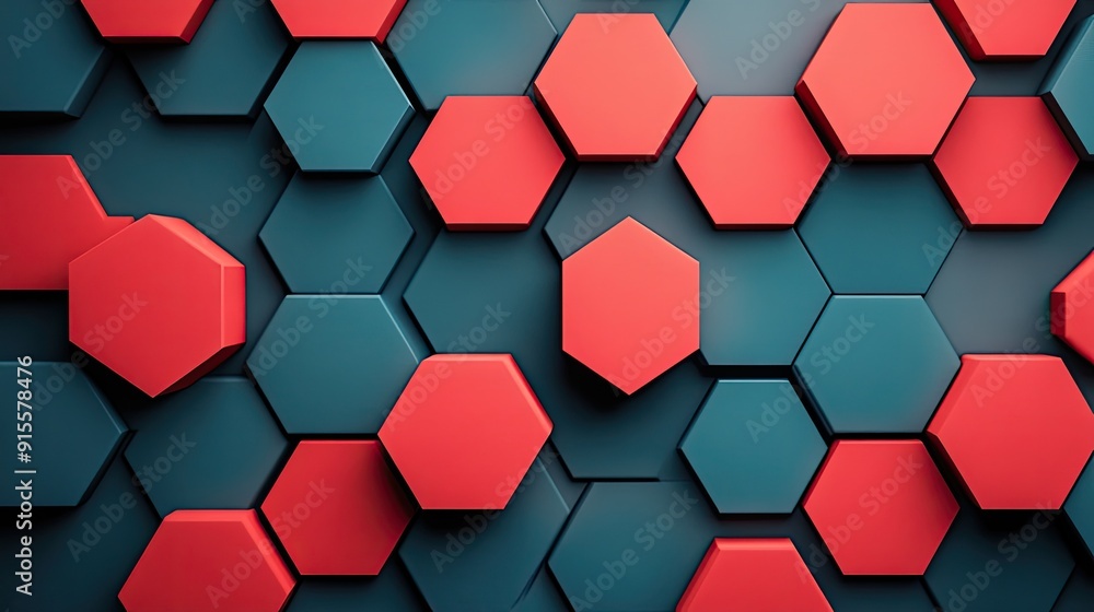 Poster red and blue honeycomb hexagon pattern, creating a contemporary digital background with a sleek look
