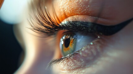 Close-up of a vibrant green eye with dramatic eyeliner and long lashes during bright sunlight in a natural setting