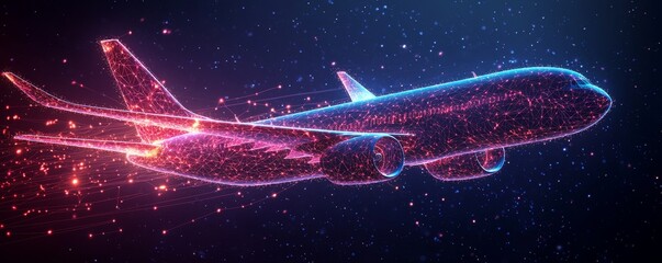 Futuristic glowing airplane with network connections in space