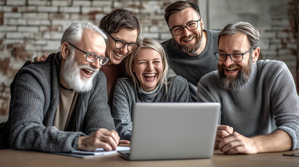 Fototapeta premium Group of happy colleagues together in the office, happy cooperation with clients, business cooperation, work meeting, brainstorming 