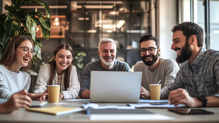 Fototapeta premium Group of happy colleagues together in the office, happy cooperation with clients, business cooperation, work meeting, brainstorming 