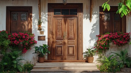 Fototapeta premium Traditional house with a beautifully carved wooden door and vintage windows, giving a warm and inviting appearance.