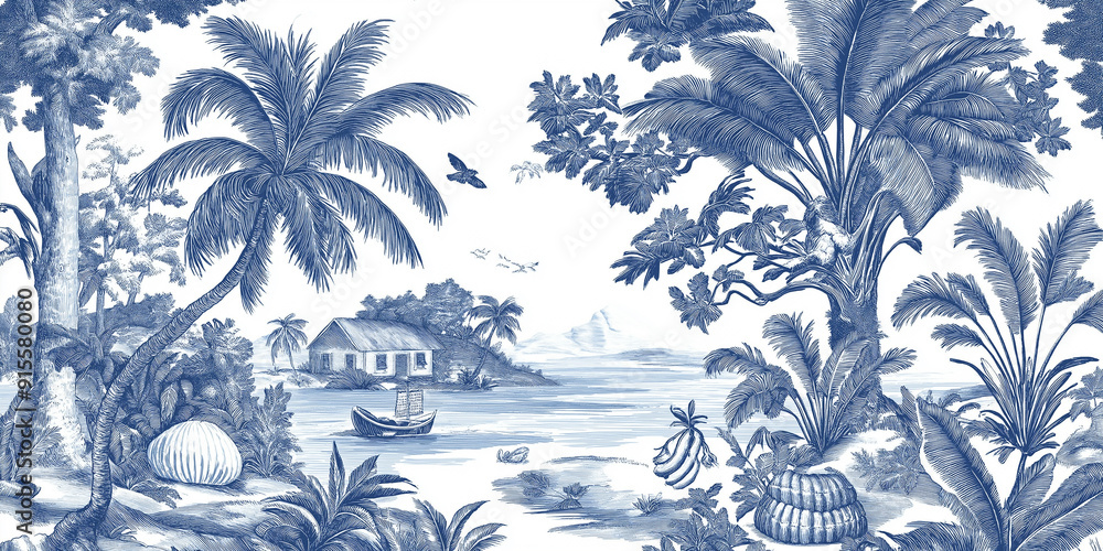 Wall mural detailed illustration showing a tropical landscape in blue toile style