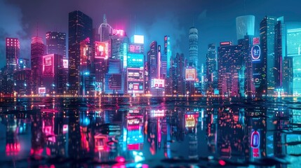 Obraz premium A vibrant cityscape at night with neon lights and reflections.