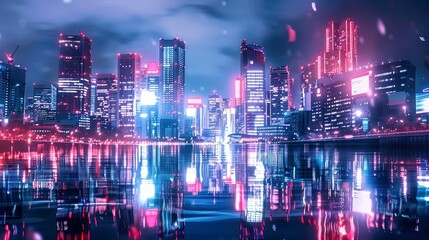 Obraz premium A vibrant cityscape at night with neon lights and reflections.