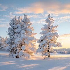 A crisp, bright winter morning scene featuring snow-covered pine trees under a clear sky with pastel clouds.