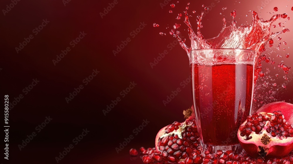 Poster Vibrant pomegranate juice in a glass, with a splash effect and ample space for promotional text or branding.