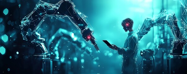 Futuristic robotic arms working in a high-tech factory with a digital interface