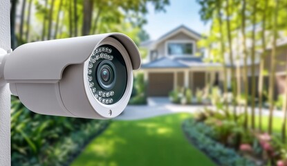 Outdoor home security camera mounted on the side wall, with a view into a well landscaped front yard