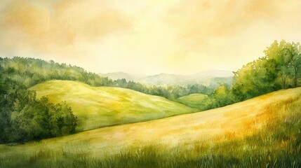 Watercolor painting of a green hillside landscape, with soft, warm tones creating a peaceful and inviting atmosphere.