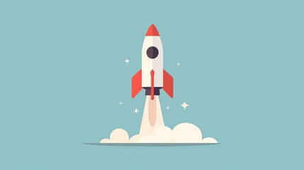Simplified rocket ship taking off, minimalist design, clean lines, basic shapes, uncomplicated structure, plain 2D vector illustration