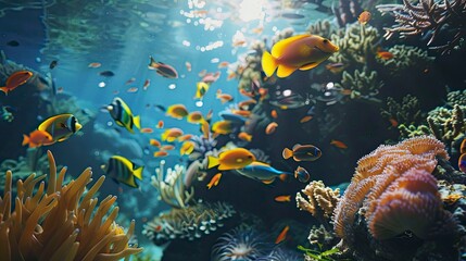 Naklejka premium A vibrant coral reef with schools of tropical fish.