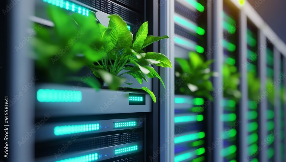 Poster a close up of a server rack with plants growing on the side, creating an eco-friendly and green data