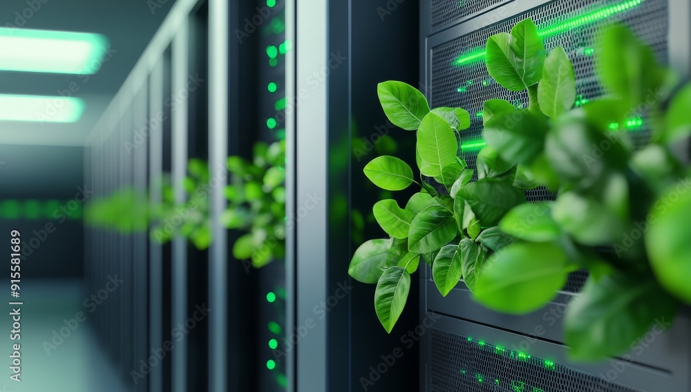 Aufkleber a close up of a server rack with plants growing on the side, creating an eco-friendly and green data