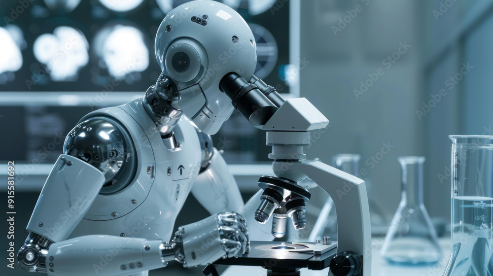 Poster A robot is looking through a microscope