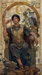 Obraz premium A young ruler sits thoughtfully on a throne with owls and doves nearby, blending nature and royalty in a serene atmosphere