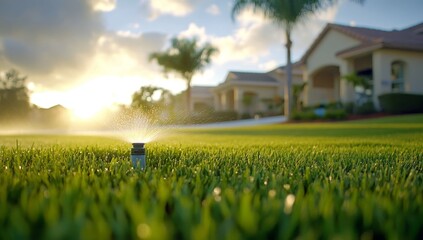 A close up of a sprinkler spraying water on the lush green grass in the front yard,