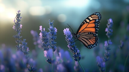 A tranquil scene of a butterfly sipping nectar from a lavender bloom, with a soft-focus garden setting in the background.