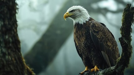 Obraz premium Close-up of a bald eagle perched on a tree branch, its sharp eyes scanning the landscape below.