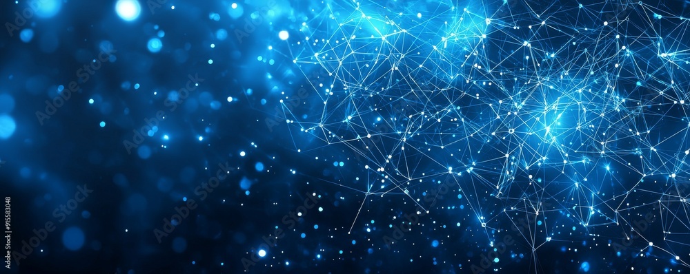 Poster abstract blue background with interconnected light lines and particles
