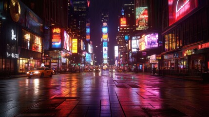Empty Times Square in New York, with its iconic neon lights shining on empty streets, capturing a rare moment of silence in the bustling city.