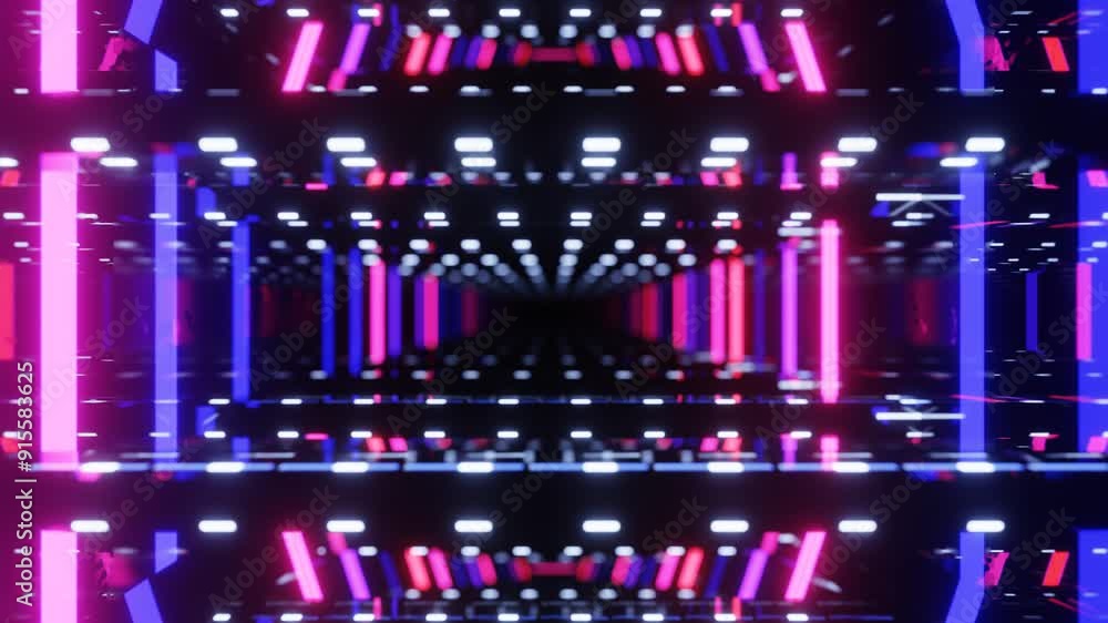 Poster fly through mirror designs form tunnel technology cyberspace with neon glow. sci-fi flight through d