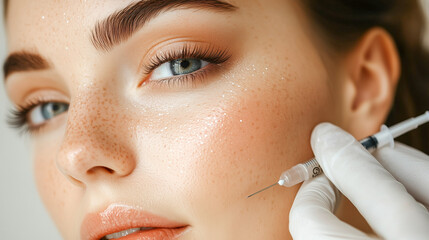 Beauty injection in the cheekbone. The cosmetologist holds a syringe with filler near the cheekbone. Cosmetic procedures in the salon, aesthetic cosmetology and facial care.