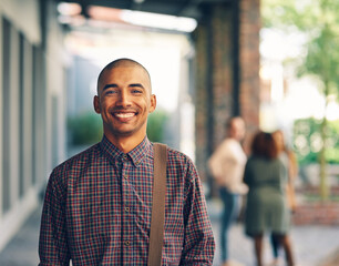 Obraz premium Happy, man and student with portrait for education or scholarship, learning course and opportunity for study. Male learner, proud and excited on university campus for knowledge, growth or development