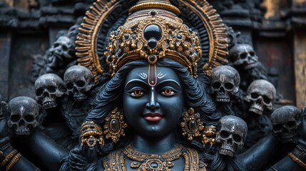 Intricate statue of Goddess Kali with a fierce expression, adorned with skulls and jewelry, against a backdrop of ancient temples.