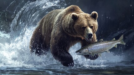 Obraz premium Majestic brown bear standing in a river, catching a salmon mid-jump, with water splashing around in a dynamic and powerful scene.