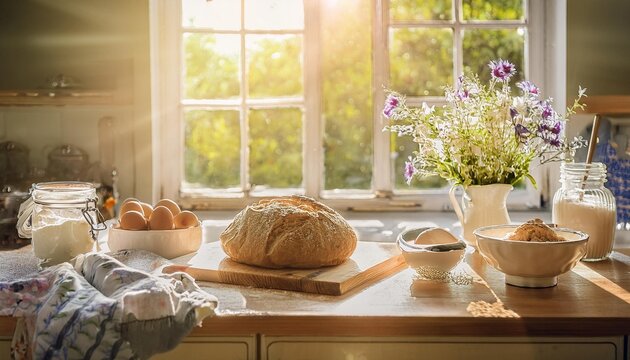 A cozy kitchen scene with golden sunlight streaming through sheer white drapes. Flour, eggs, and wildflowers create a rustic charm, while bowls and cutting boards invite baking creativity and warmth.