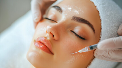 Beauty injection in the cheekbone. The cosmetologist holds a syringe with filler near the cheekbone. Cosmetic procedures in the salon, aesthetic cosmetology and facial care.