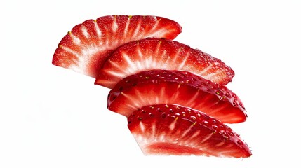Isolated strawberry slices artistically fanned out, with emphasis on the texture and juicy interior. Set against a pure white background