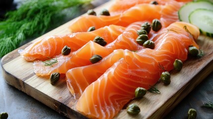 Smoked salmon slices on a rustic wooden board, served with cream cheese, capers, and fresh dill, perfect for a gourmet meal.
