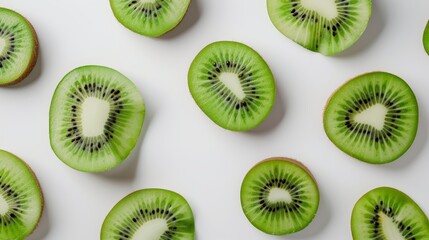 Fototapeta premium Kiwi fruit halves and slices, showcasing the vibrant green flesh and tiny black seeds. Set against a crisp white background for contrast