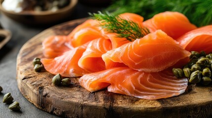 Smoked salmon slices on a rustic wooden board, served with cream cheese, capers, and fresh dill, perfect for a gourmet meal.
