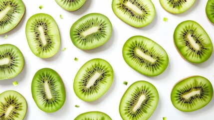 Fototapeta premium Kiwi halves with a few slices artfully scattered, focusing on the intricate details of the fruit's texture. Set against a pure white background for a fresh look