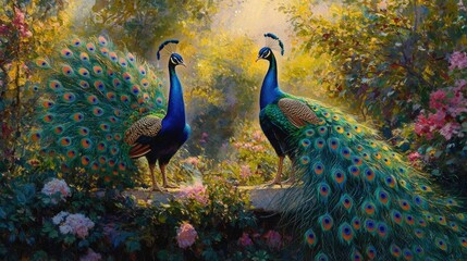 Two peacocks displaying their vibrant feathers in a lush garden, with one in full display and the other calmly watching.