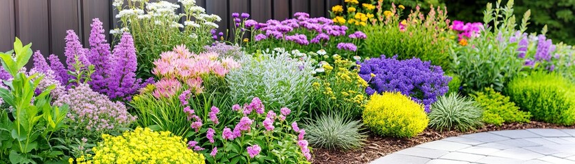 Obraz premium A vibrant spring flower garden with diverse colorful blooms, lush greenery, and winding pathways, spring garden, enchanting floral oasis