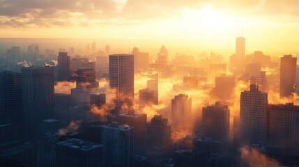 Obraz premium Urban skyline at sunrise, with the city slowly waking up, buildings bathed in the soft, golden light of dawn.