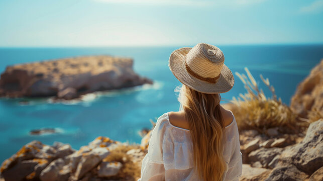 Young tourist woman in summer clothes and straw hat in Lampedusa island, Italy