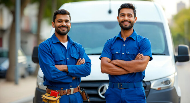 Confident Indian Repair Technicians Standing by Service Vehicle with Toolbelt